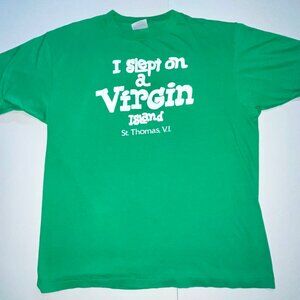 I Slept on a Virgin Island XL Mens Green 90s Vintage Muscle Fit T-shirt VTG